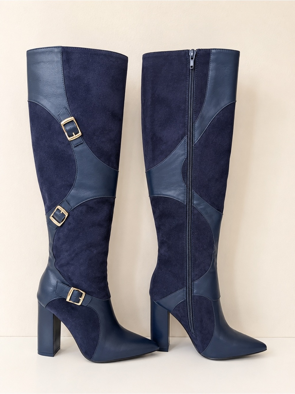 YELDA Navy Blue Knee High Buckle Heeled Boots Size 7.5 New